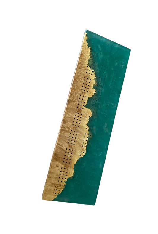 Maple burl with aqua epoxy cribbage board